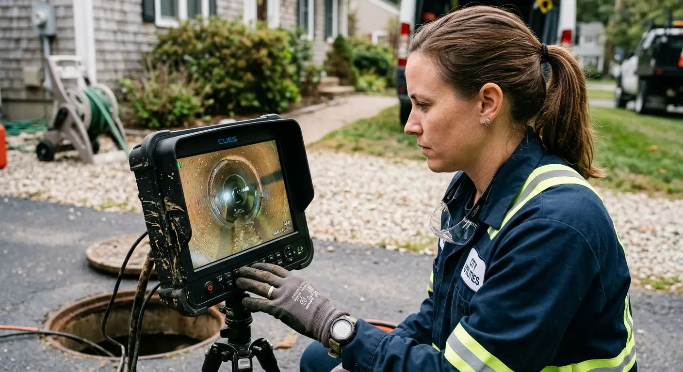 Technician reviewing sewer camera inspection footage in Bainbridge