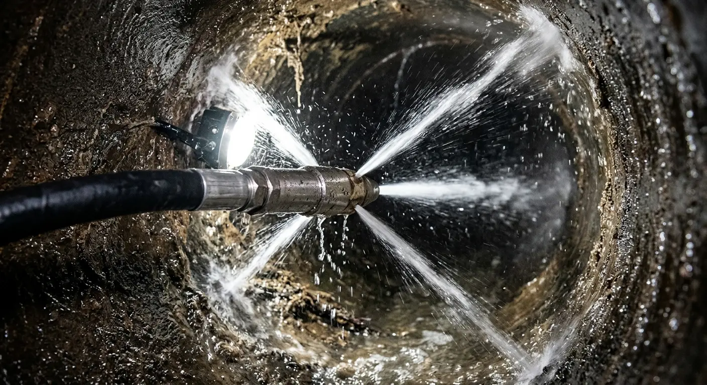 High-pressure hydro jetting nozzle cleaning sewer pipe for Emergency Drain Service in Bainbridge