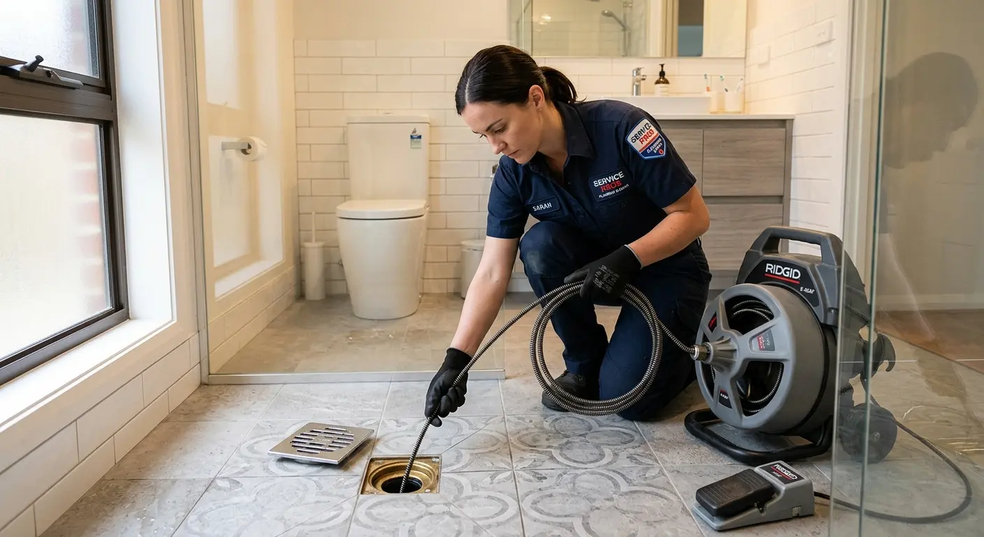 Technician clearing a bathroom floor drain for Hydro Jetting in Bainbridge